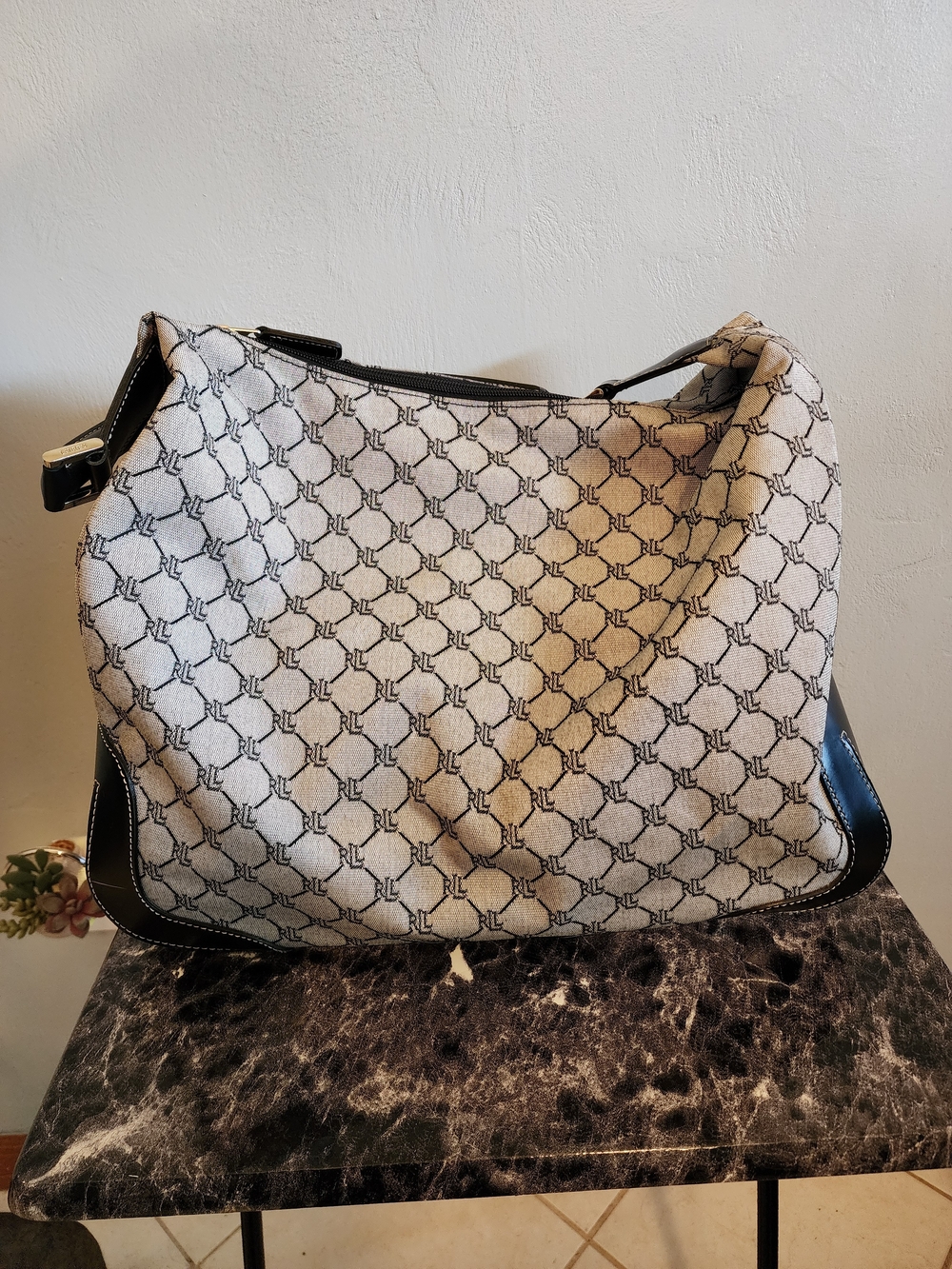 Vintage Ralph Lauren Beige Monogram Canvas Travel Tote with Navy Trim - Picture 4 of 11
